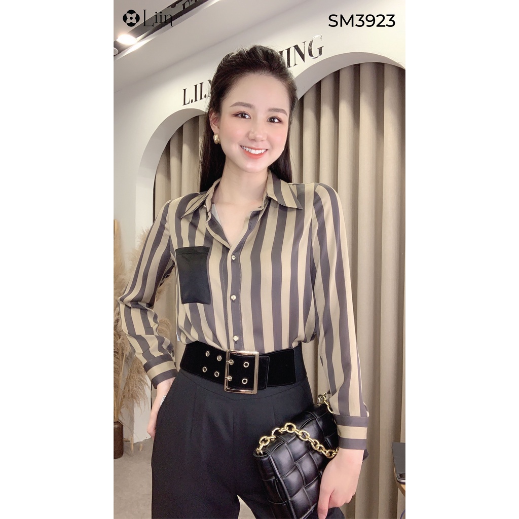 Áo sơ mi nữ dài tay Kẻ Sọc màu Nâu Đen phong cách trẻ trung, năng động Liin Clothing SM3923
