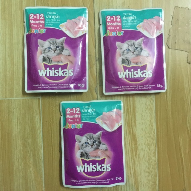 Pate Whiskas Tuna Junior ✅ vị cá ngừ cho mèo con từ 2 đến 12 tháng tuổi, gói nhỏ 85gr, date xa, giá rẻ