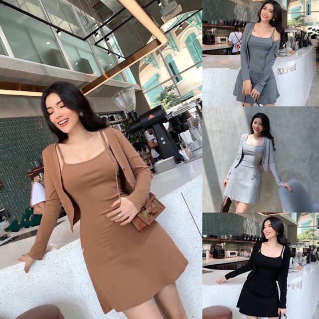 Set áo khoác khuy + váy 2 dây dáng xoè set body sang chảnh Annastore