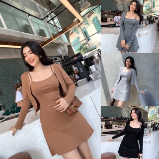 {NHẬP MÃ VOUCHER GIẢM GIÁ}Set đồ nữ áo khoác khuy + váy 2 dây dáng xoè set body sang chảnh Annastore