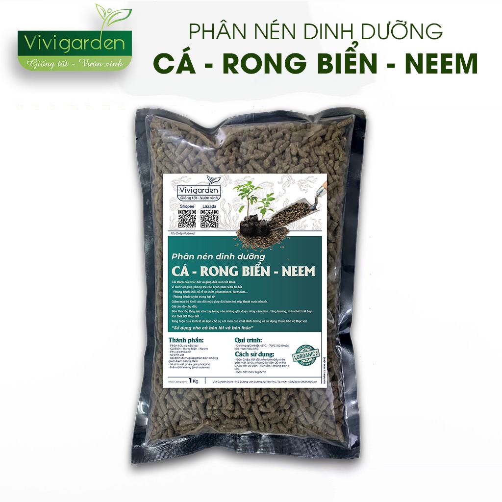 Phân Hữu Cơ Cá - Rong Biển - Neem dạng viên nén tan chậm bón rau và hoa hồng, bật mầm, sai hoa, mướt lá. Túi 1Kg