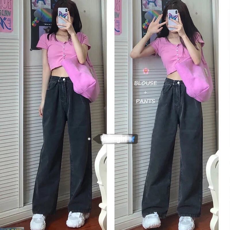 Quần jeans cài khuy màu đen xám chất jeans dày dặn nặng tay lên dáng cực chuẩn