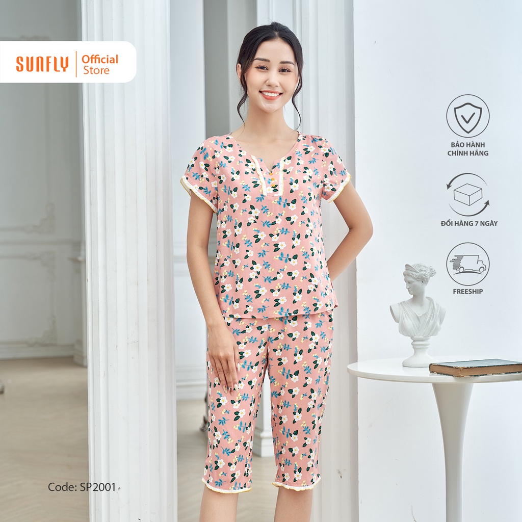 SP2001 Bộ Đồ Mặc Nhà Nữ Lanh Pyjamas SUNFLY Áo Cộc Quần Ngố