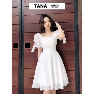 Váy dự tiệc TANA D0334 váy trắng dáng A cổ vuông tay cột nơ mặc đi tiệc, kỉ yếu