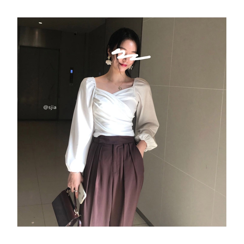 SUXI Áo kiểu cổ tim tay phồng phong cách Hàn Quốc thanh lịch dành cho nữ