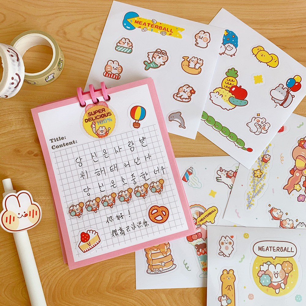 Sticker Dán Trang Trí Set 4 Dán Sổ, Đồ Dùng Thỏ Cam Tăng Động Cute