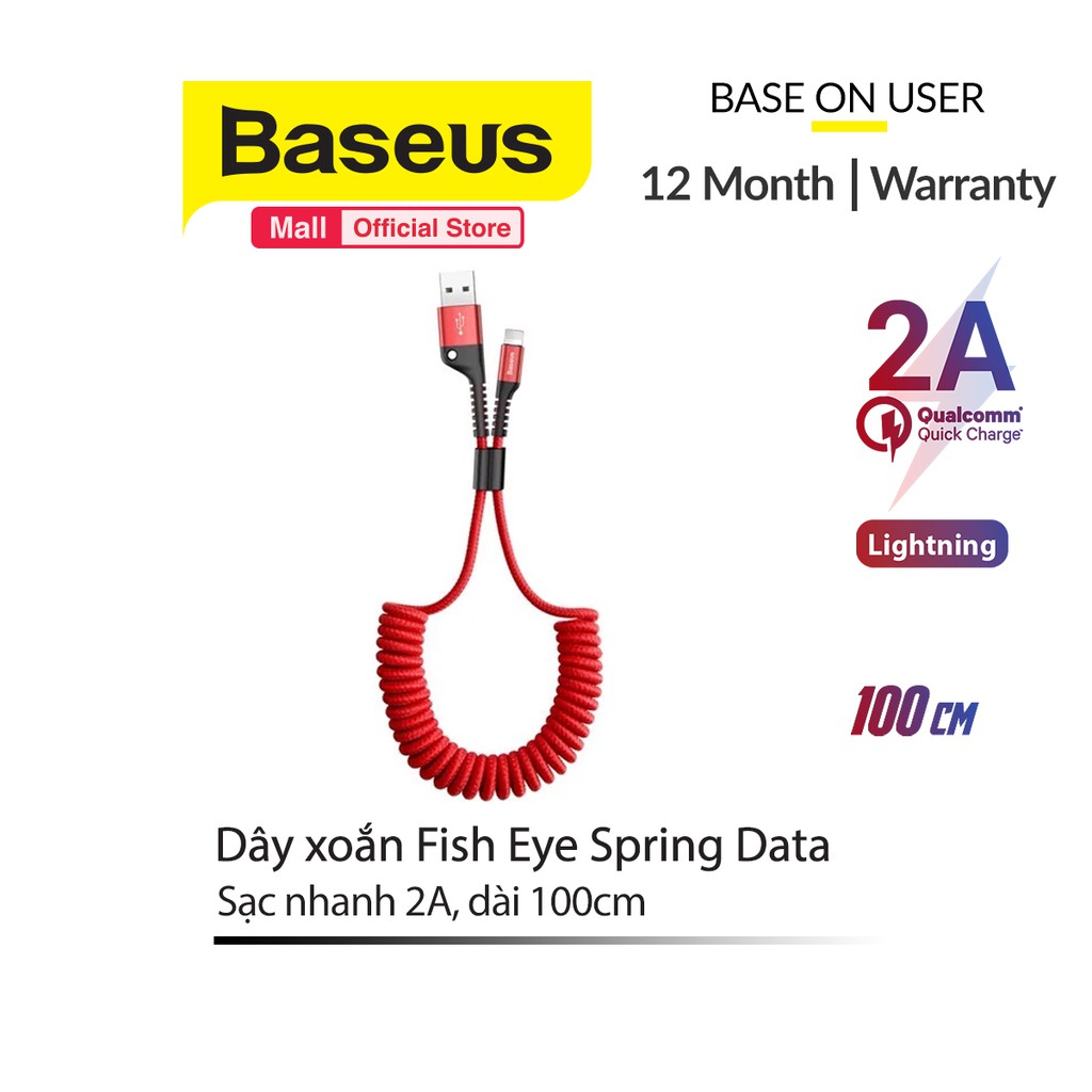Cáp sạc Lightning dây xoắn đàn hồi Baseus Fish Eye Spring Data dùng cho iPhone / iPad (Hỗ trợ sạc nhanh 2A Max, dài 1M)
