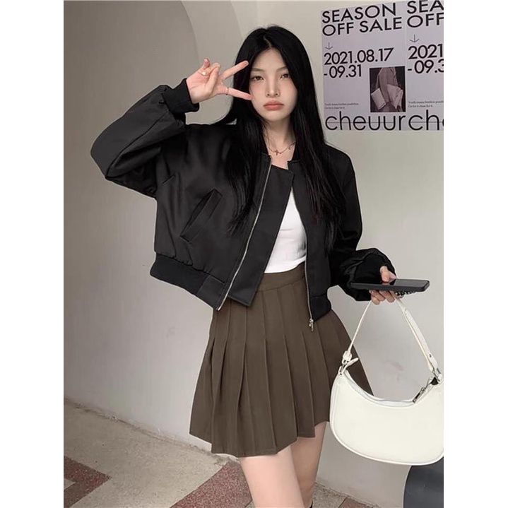 Áo khoác bomber croptop hai lớp lót gió dày dặn hàng chuẩn siêu đẹp chất gió mềm đẹp