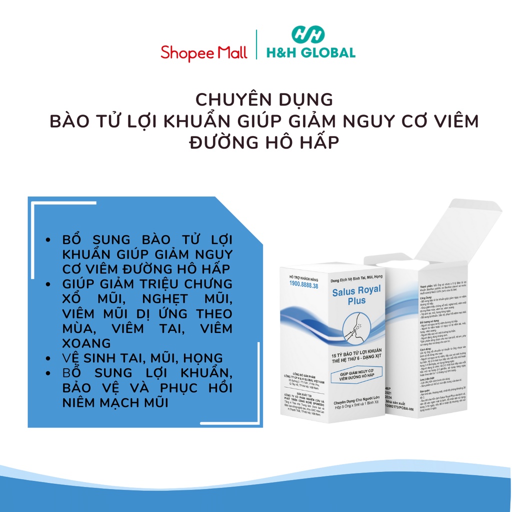 COMBO 3 Hộp Xịt mũi, Xịt họng, Nước muối sinh lý chứ Bào tử lợi khuẩn SALUS ROYAL PLUS  - HH GLOBAL