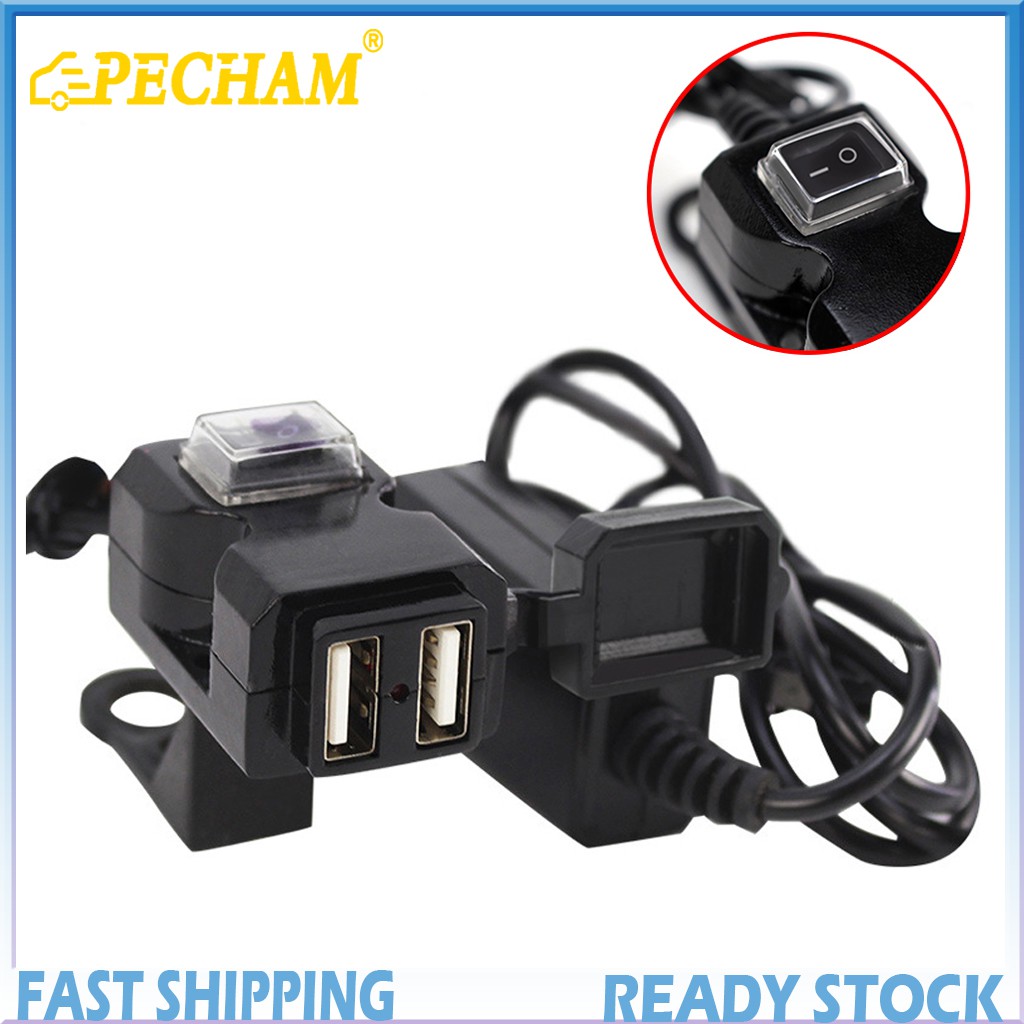 Bộ sạc điện thoại PECHAM cổng USB kép 5v 1a/ 2.1a 12v chống nước cho xe mô tô