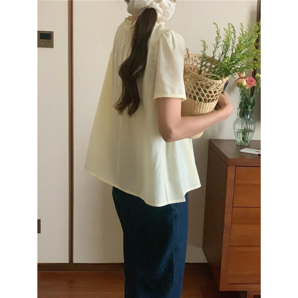 Áo kiểu Peppermint 53699 cổ tròn ngắn tay phối ren màu kẹo ngọt thời trang hè