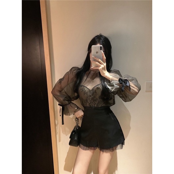 ( ORDER ) ( SẴN S M ) Set 3 Món Áo Cúp 2 Dây Ren & Áo Dài Tay Loe & Quần Đùi Lụa Tiểu Thư (hình thật ở cuối )