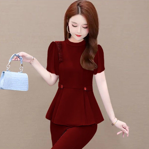 Set Áo Ren Màu Trơn Phối Quần Dài Ống Đứng Thoáng Khí Thời Trang Cho Nữ