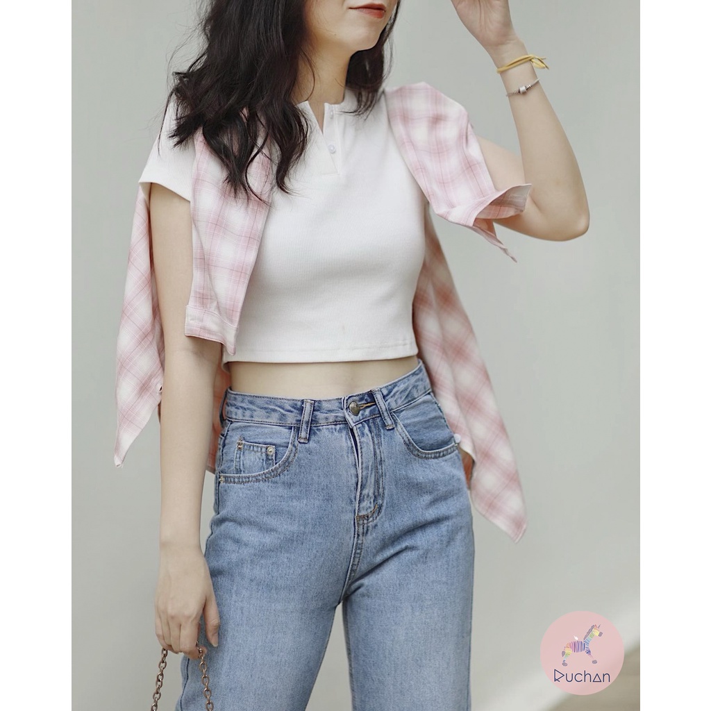 Áo sơ mi caro nữ form rộng RUCHAN kiểu tay dài kẻ sọc oversized có cổ khoác ngoài thiết kế thời trang màu caro hồng