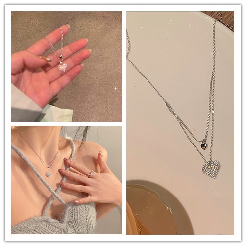 Vòng cổ Hai Lớp Mặt Hình Trái Tim Đính Đá Lấp Lánh Thời Trang Dành Cho Nữ