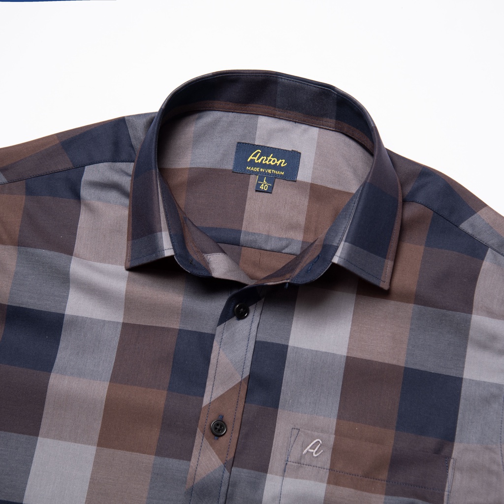 Áo Sơ Mi Nam Công Sở Trung Niên Anton Somianton Màu Nâu Đậm Dài Tay Họa Tiết Kẻ Caro Vải Cotton - YAC128
