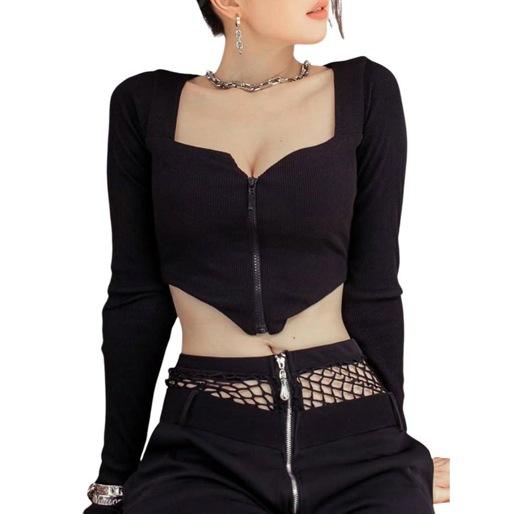 Áo Croptop Tay Dài Màu Trơn Phối Khoá Kéo Cho Phái Nữ