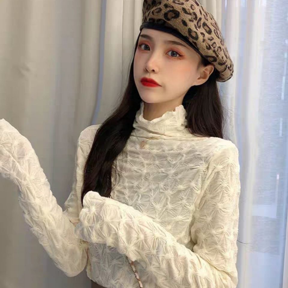 Áo Thun Tay Dài Cổ Cao Xếp Ly Dáng Ôm Thời Trang Hàn Quốc Cho Nữ