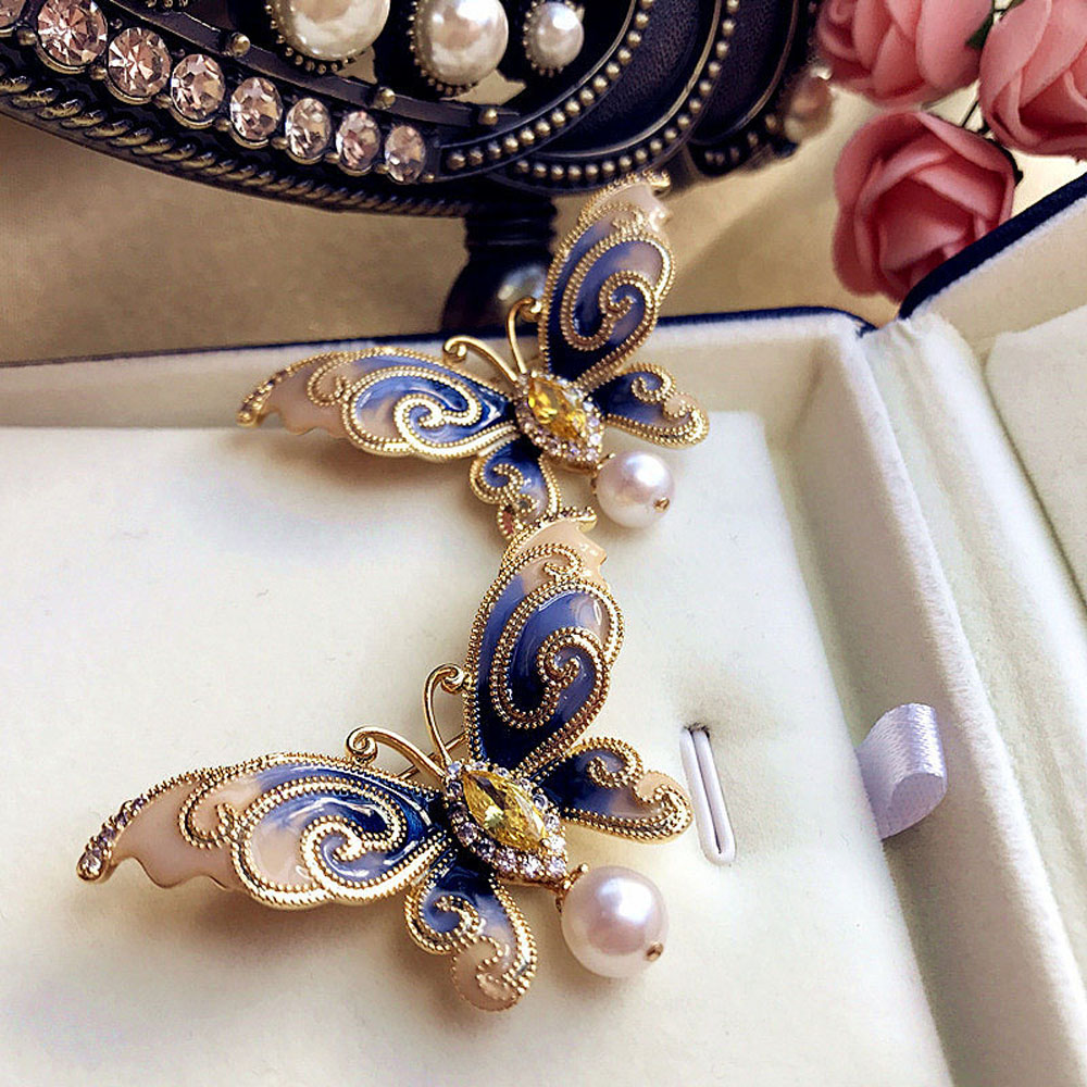 Ghim Cài Hình Bướm Khảm Đá Phối Ngọc Trai Giả Thanh Lịch Thời Trang