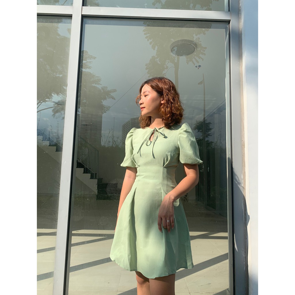 [ẢNH THẬT] Đầm xốp nhún thắt nơ cổ khoét giọt nước DK003 | BigBuy360 - bigbuy360.vn