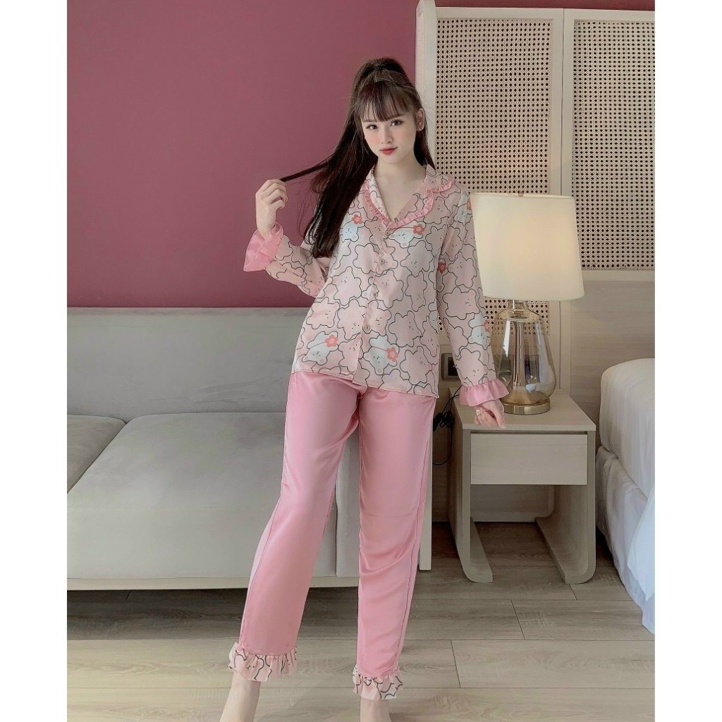 Bộ Ngủ Tay Dài Pizama Tiểu Thư Sang Chảnh Chất Liệu Lụa Sattin Loại 1 Mềm Mịn,Không Nhăn