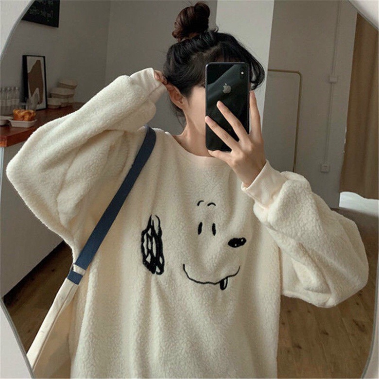 Áo Sweater Lông Hình Cún, Áo Nỉ Lông Nữ In Hình Dáng Rộng Dài Tay, Freesize form dưới 75kg mặc đẹp G039