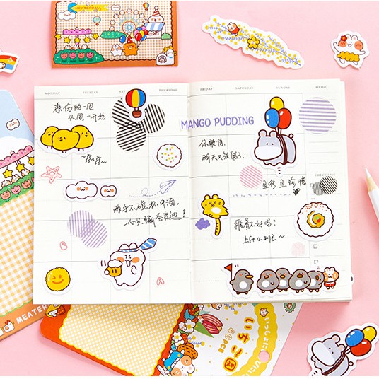 Sticker Mini Gói 40 Hình Dán Sổ, Book Mark Đa Năng Hình Thỏ Cam Nhiều Theme