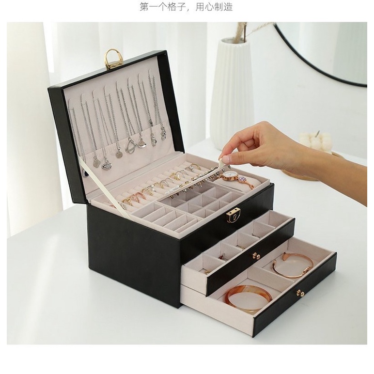 [ Hàng Hot ] Hộp đựng trang sức 3 tầng bọc da vân nổi có khoá - Hộp đựng trang sức cao cấp