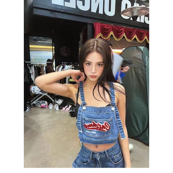 Set Áo Thun Ngắn Tay Cổ Tròn + Quần Yếm Denim Ống Rộng Xẻ Tà Thời Trang Mùa Hè Mới