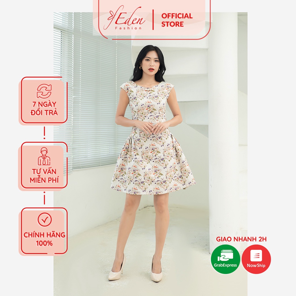 Đầm xòe nữ chữ a công sở thời trang Eden họa tiết hoa phối phụ kiện tay ngắn dây kéo lưng - D454