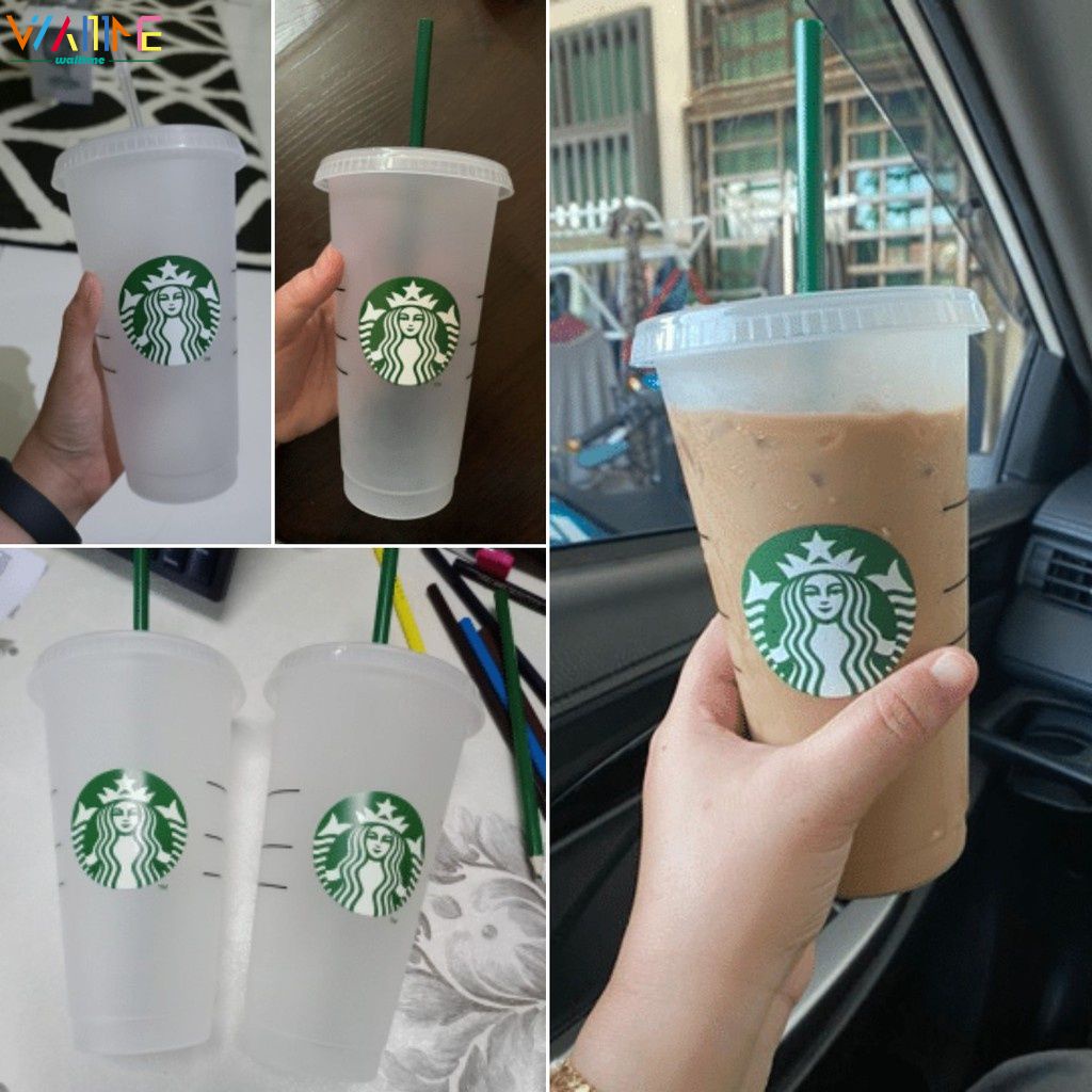 Ly Uống Nước Starbucks Bằng Nhựa Trong Suốt Kèm Nắp Và Ống Hút Màu Đen 24 Oz / 16 Oz