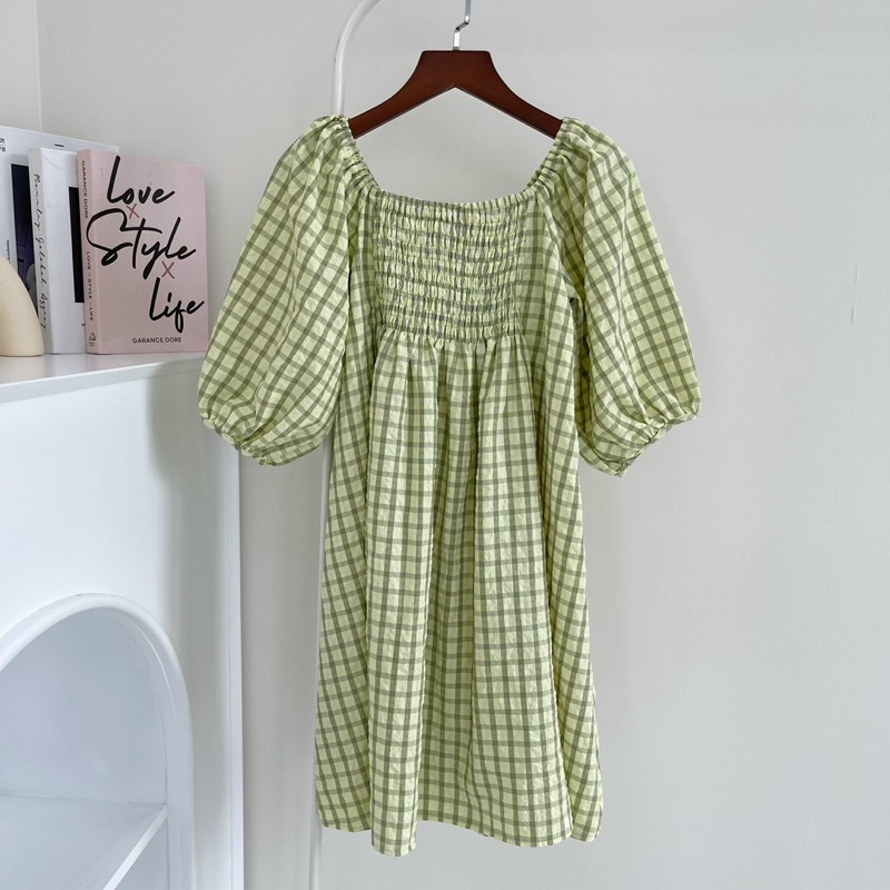 ĐẦM NGẮN GREEN DRESS tone caro xanh thiết kế form babydoll bo chun co giãn style trẻ trung năng động hàn quốc ullzang