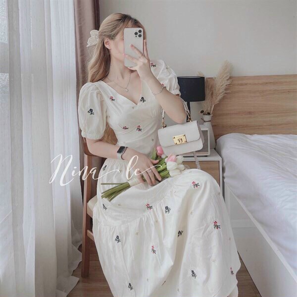 Đầm suông dáng dài dự tiệc, đầm hoa công chúa đi chơi biển cực đẹp, thiết kế nhẹ nhàng, dễ thương cổ V tay phồng có mút
