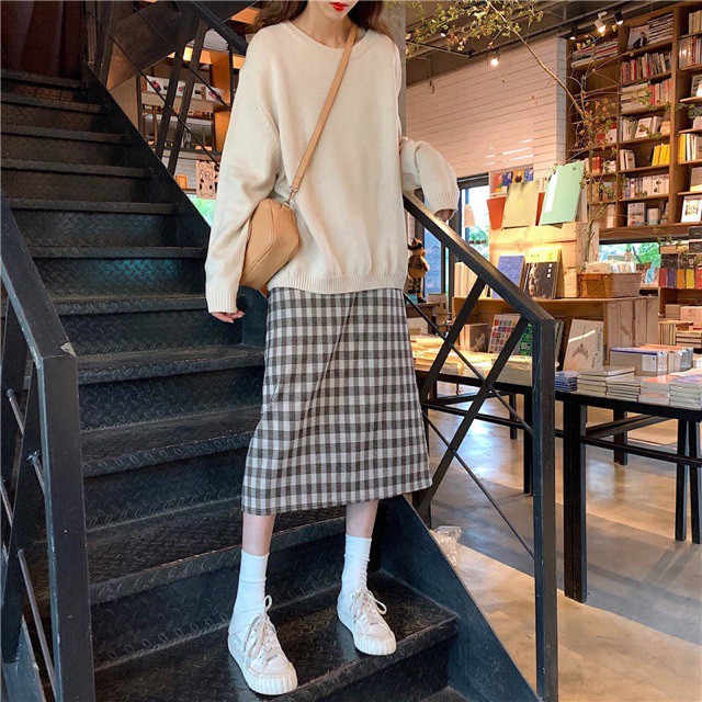 (Ảnh thật) ORDER Chân váy kẻ ô dáng suông dài vintage