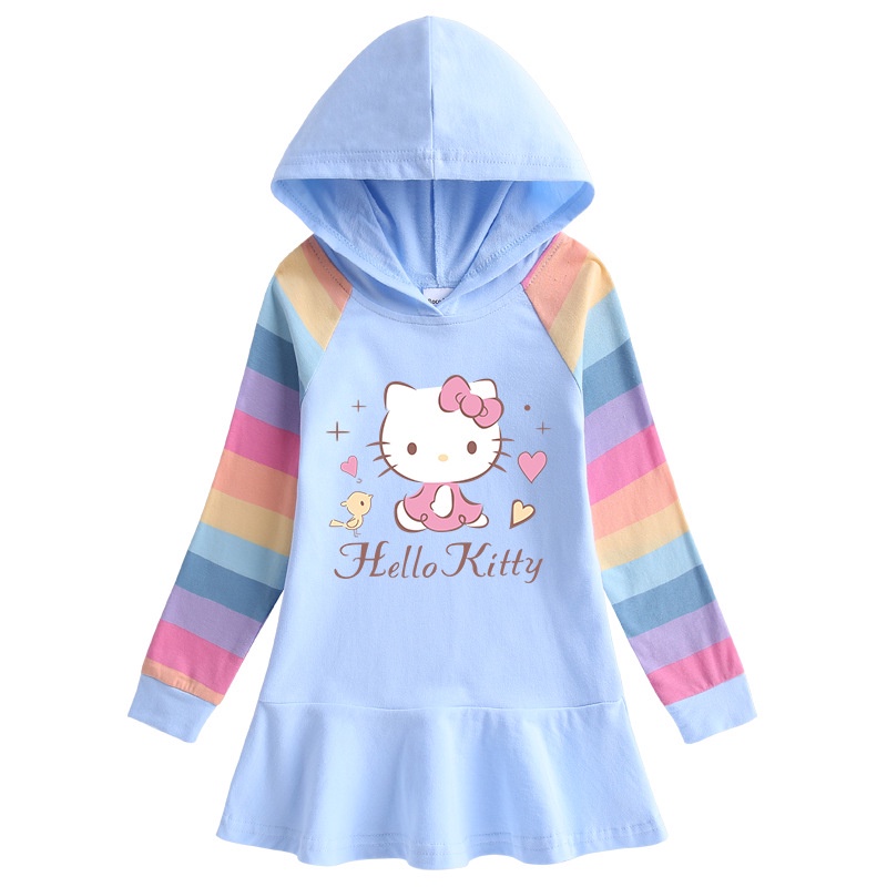 Đầm Công Chúa Họa Tiết Hello Kitty Màu Cầu Vồng Dễ Thương Cho Bé Gái