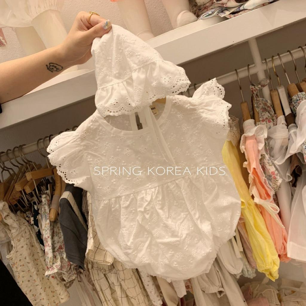 Set áo liền quần ngắn tay và nón có dây cột bằng cotton màu trơn cho bé gái