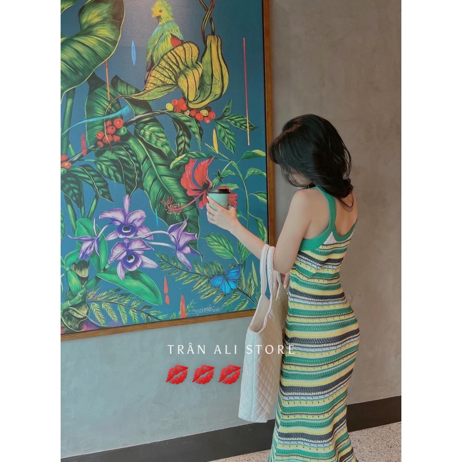 Váy len mongtoghi 2 dây kẻ xanh