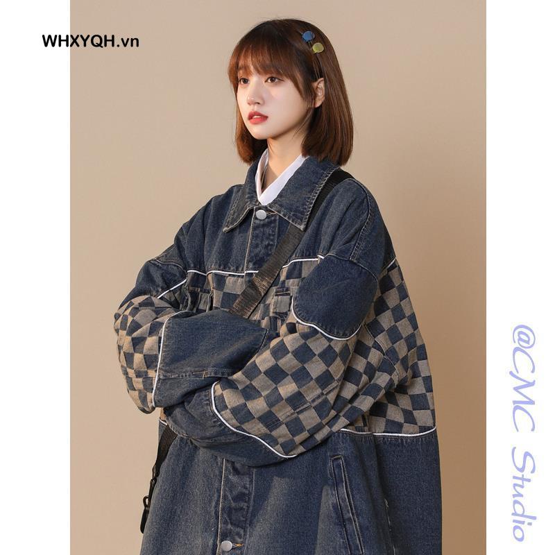Áo Khoác Denim Đồng Phục Bóng Chày Hoa Văn Kẻ Ô Thời Trang
