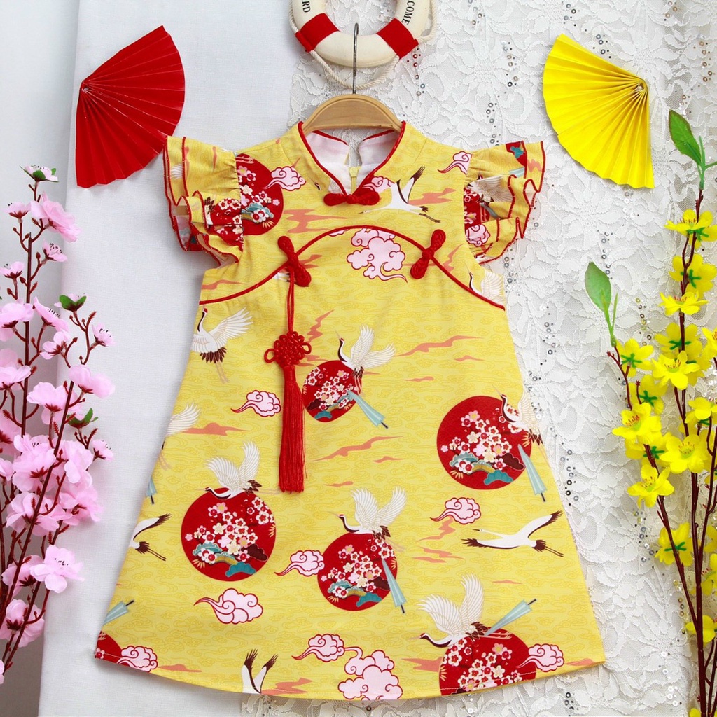 Đầm sườn xám đẹp cho bé gái mặc tết họa tiết chim hạc size 12-35kg hàng thiết kế cao cấp