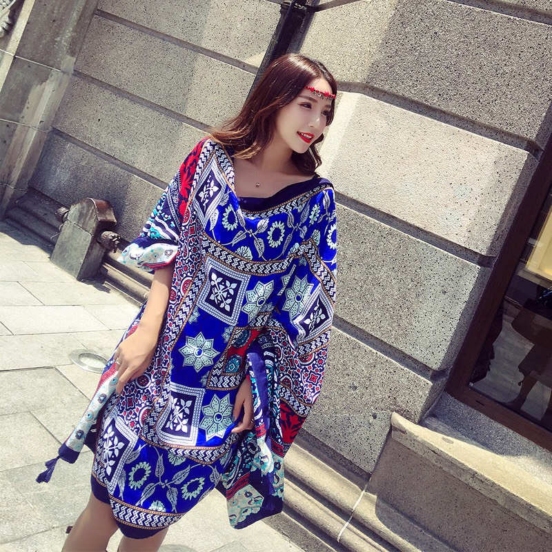 Khăn choàng đi biển họa tiết boho xanh thổ cẩm chất dày loại 1 che nắng chụp hình size 180x90cm - VS035 The Collar Box