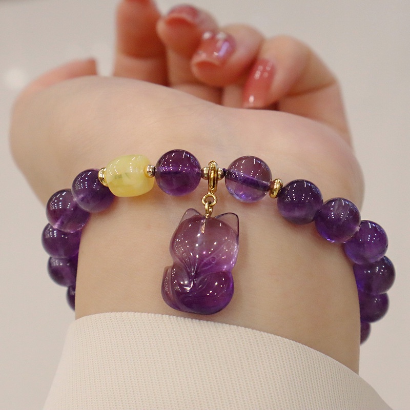 [Hàng Mới Về] Vòng Tay Chuỗi Hạt Thạch Anh Tím Cảm Giác Chạm Khắc Hình Cáo