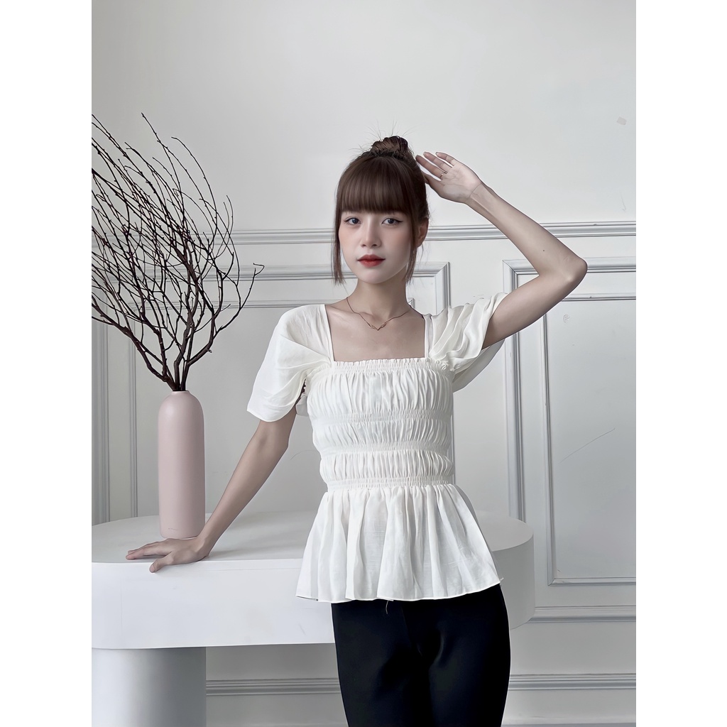 S.H.I store Áo kiểu nữ tay bèo dún eo kiểu dáng ôm, chất liệu linen may 2 lớp tỉ mỉ (A001)