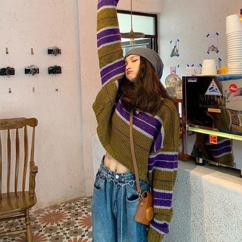 Áo len kẻ croptop 2 màu tocjean dày dặn