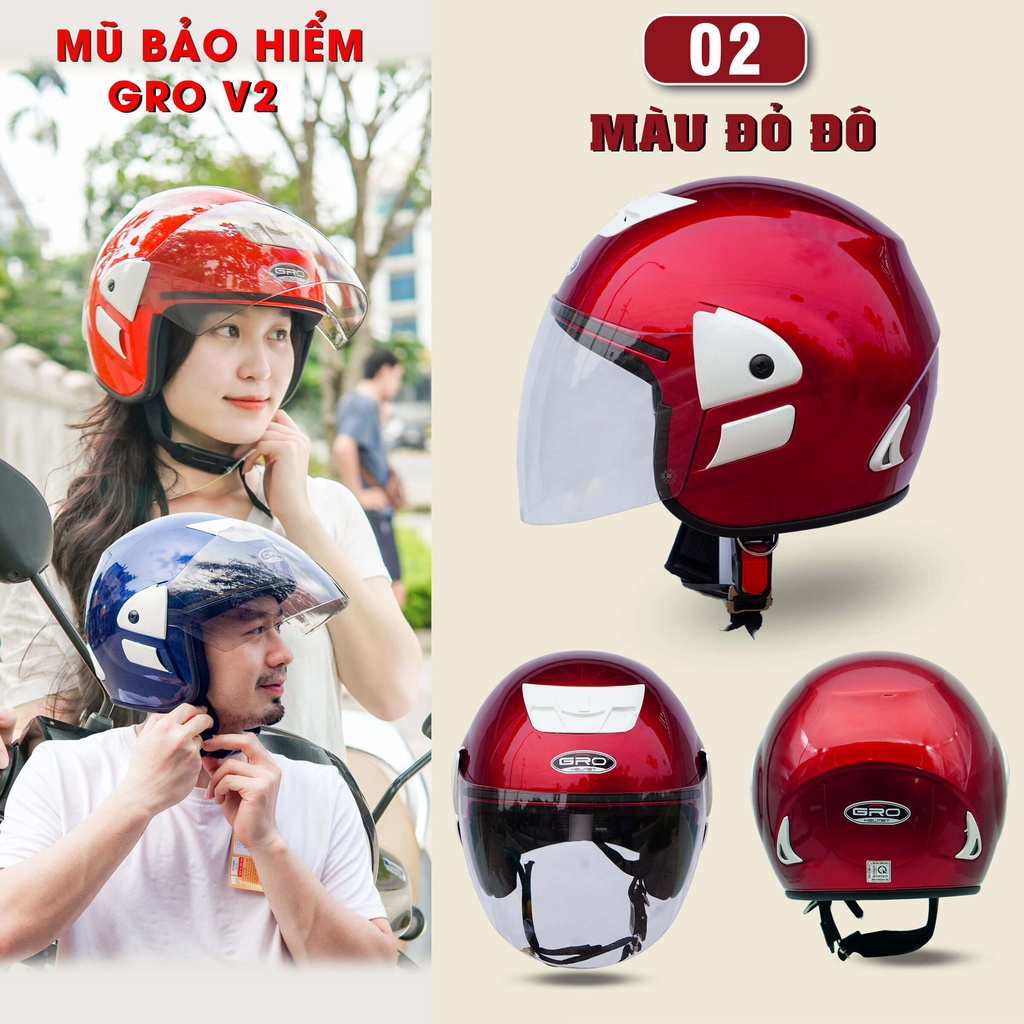 Mũ Bảo Hiểm 3/4 đầu GRO Helmet V2 có kính dài, kiểu dáng trẻ trung cho nam và nữ, khóa kim loại chắc chắn - Đỏ Đô