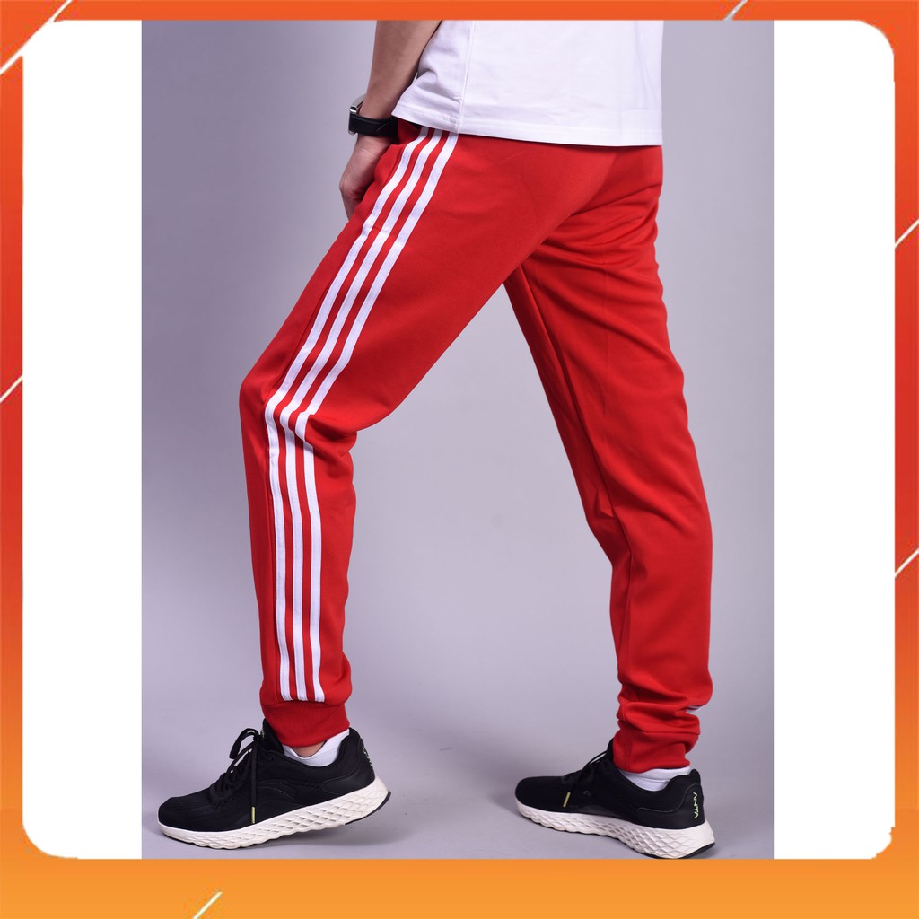 Quần Jogger Nam Đỏ 3 Sọc Trắng, Ống Bo Chun Phong Cách Thể Thao MT115