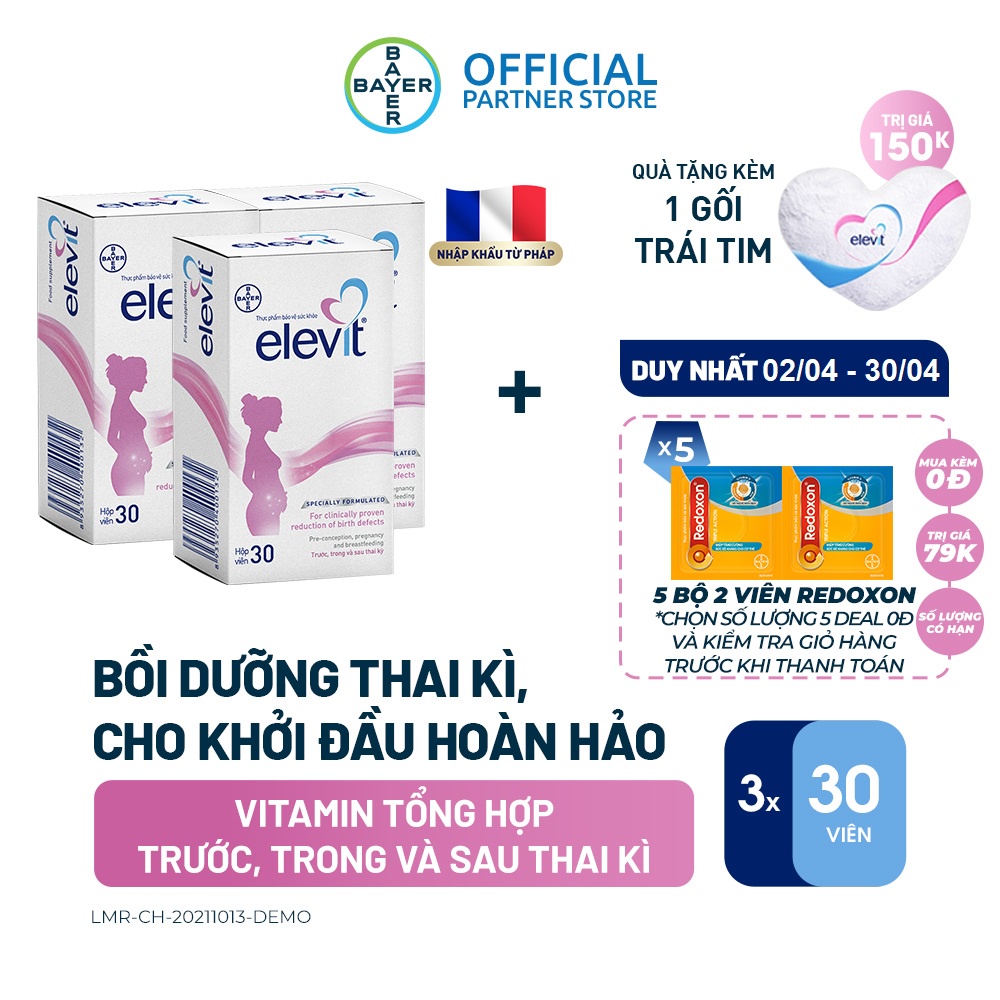 Bộ 3 Hộp Vitamin Bầu Tổng Hợp Elevit Cho Phụ Nữ Trước, Trong và Sau Thai Kỳ (30 Viên/ Hộp) + Tặng 1 Gối Trái Tim