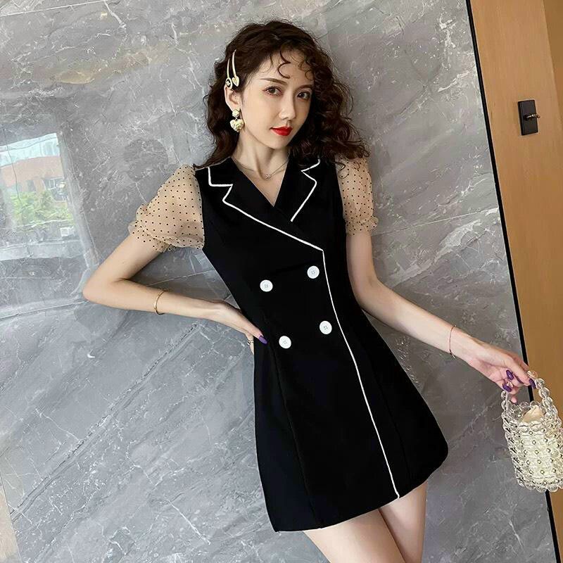 HÀNG NHẬP - SÉT BỘ ĐÙI ÁO FORM DÀI CỔ VEST TAY CHẤM BI