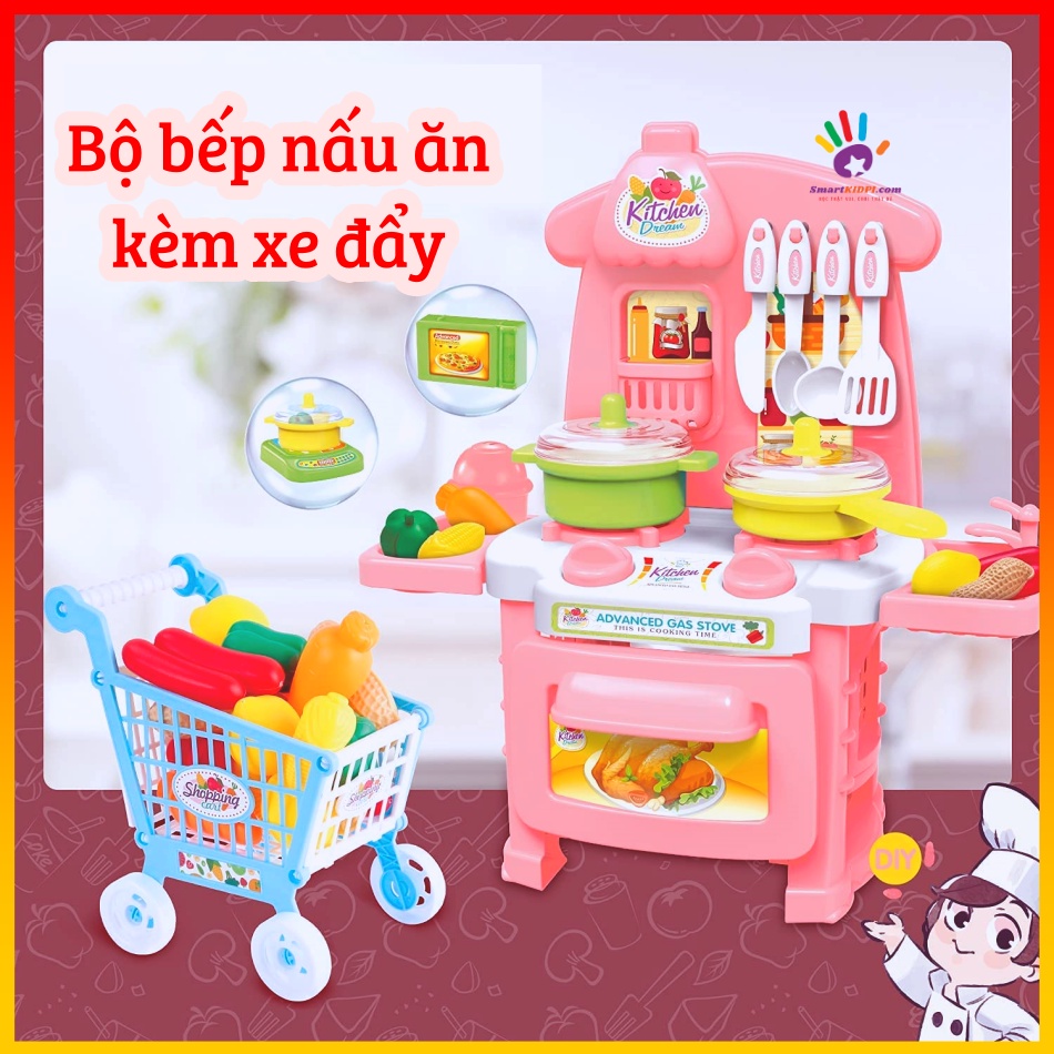 Bộ đồ chơi nhà bếp nấu ăn kèm xe đẩy Kitchen cho bé gái, bé trai nhiều chi tiết nhựa nguyên sinh an toàn