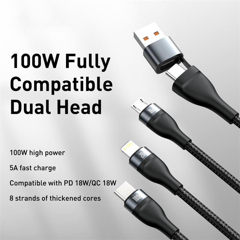 Cáp Sạc Baseus Cho Iphone 12 Pro 11 XR Huawei Xiaomi Redmi 100W Micro USB Type C Thiết Kế 3 Trong 1 Tiện Dụng