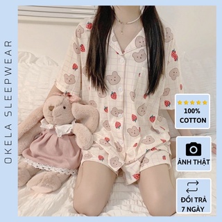 Bộ đồ ngủ nữ tay ngắn hoạ tiết sọc caro trái dâu mặt gấu đáng yêu